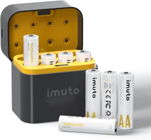 imuto TF-CD-009LDC Rechargeable AA Batteries with Charger, 3600mWh AA Lithium Batteries 8 Pack, 1.5V – 8-Slot Storage Charging Case