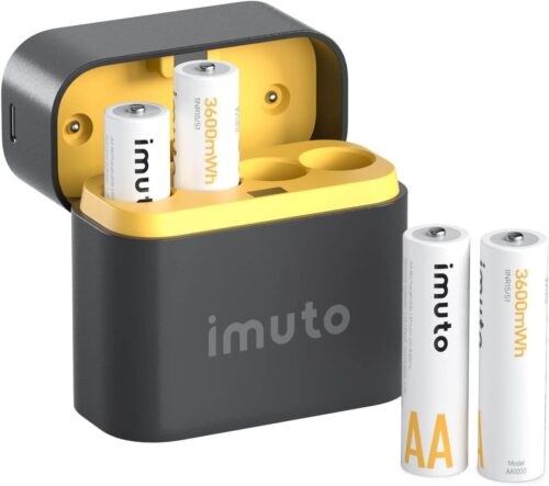 imuto TF-CD-056CE Rechargeable AA Batteries with Charger 3600mWh AA Lithium Batteries 4 Pack 1.5V – 4-Slot Storage Charging Case