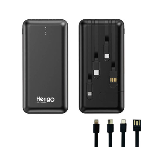 Herigo HR011 20,000mAh Power Bank with Built-in Cables – USB-C, Lightning, Micro USB & USB-A, 4-Device Charging