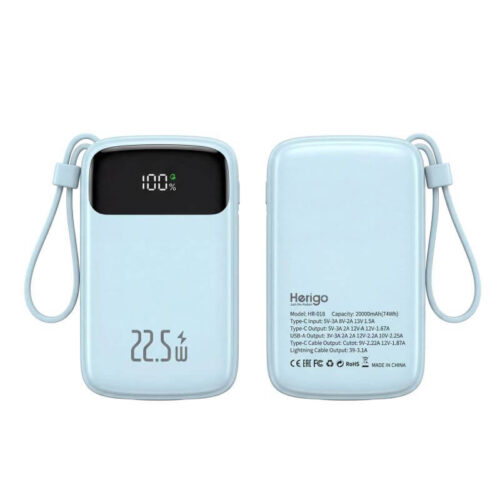 Herigo HR-018 Power Bank 20000mAh 22.5W Fast Charging with Built-in Cables & Digital Display