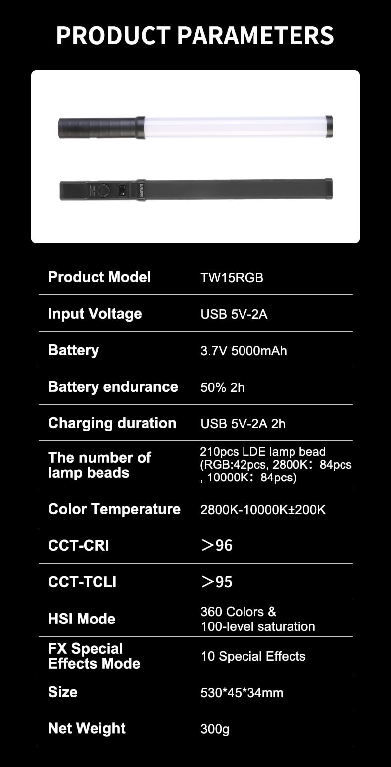 Sutefoto TW15 RGB Tube Light – 15W RGB Tube Light with Barndoors & 5000mAh Battery - Image 9